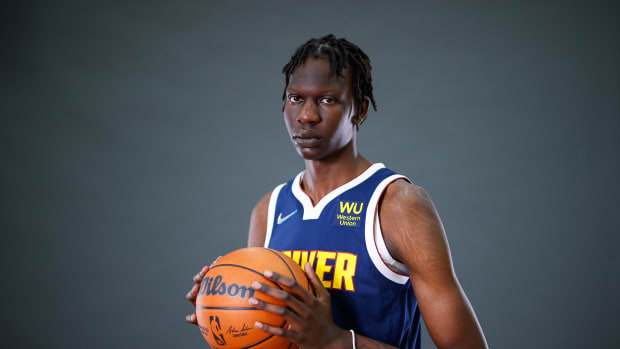 Denver, CO, USA; Denver Nuggets player Bol Bol (10) poses for a photo during media day at Ball Arena.